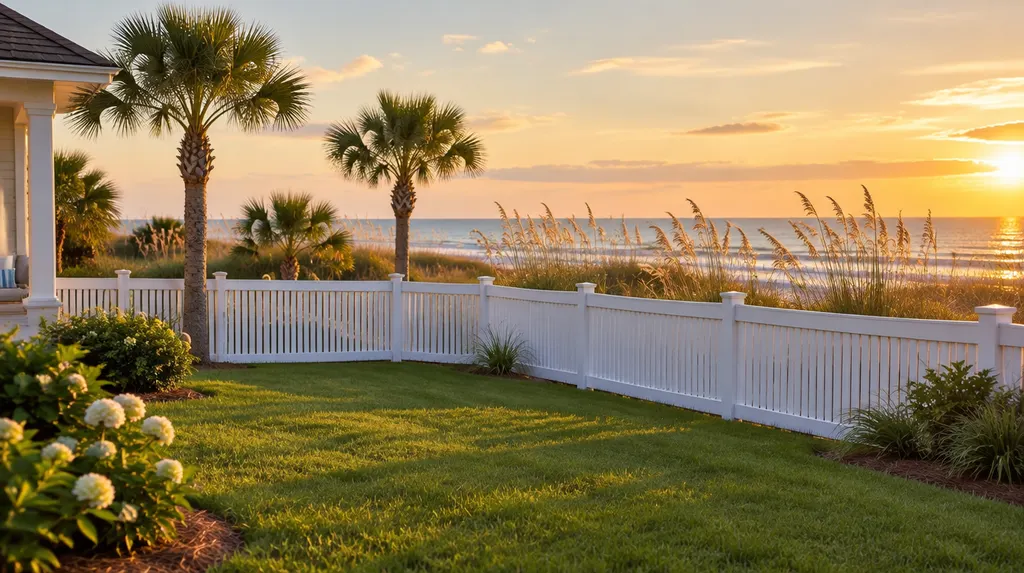 A white vinyl fence around a green backyard in Socastee, SC