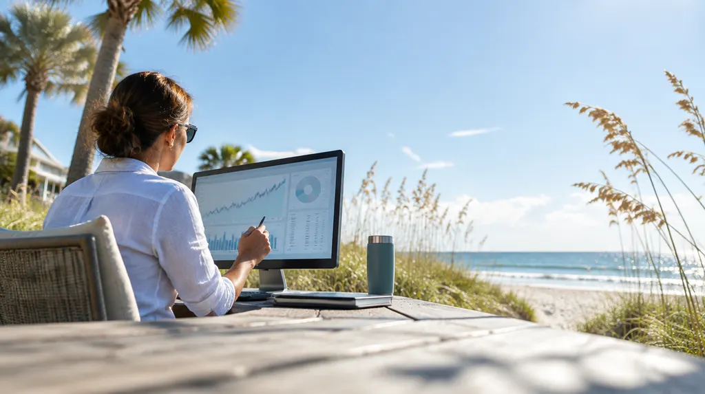 An advisor reviewing charts on a monitor in Socastee, SC