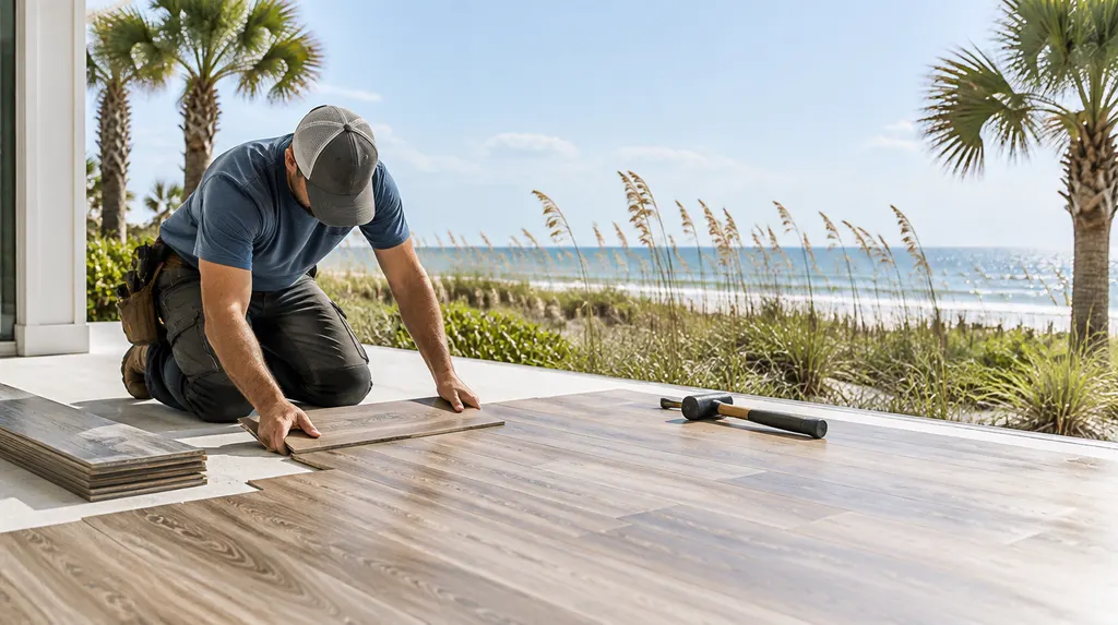 An installer laying luxury vinyl plank flooring in Socastee, SC