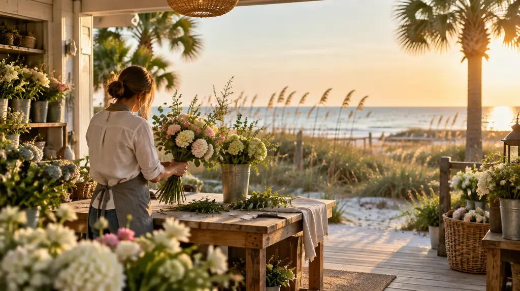 A florist arranging a bouquet in a flower shop in Socastee, SC