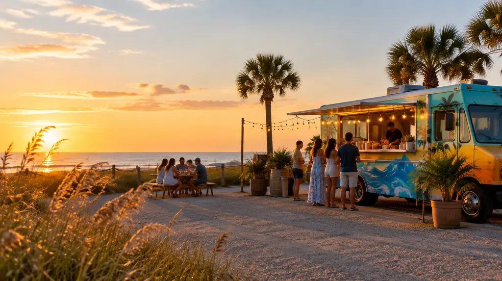 A colorful food truck serving at an evening event in Socastee, SC