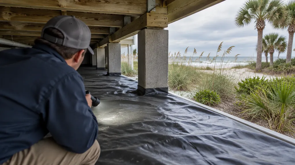 A technician inspecting a crawl space with a vapor barrier in Socastee, SC