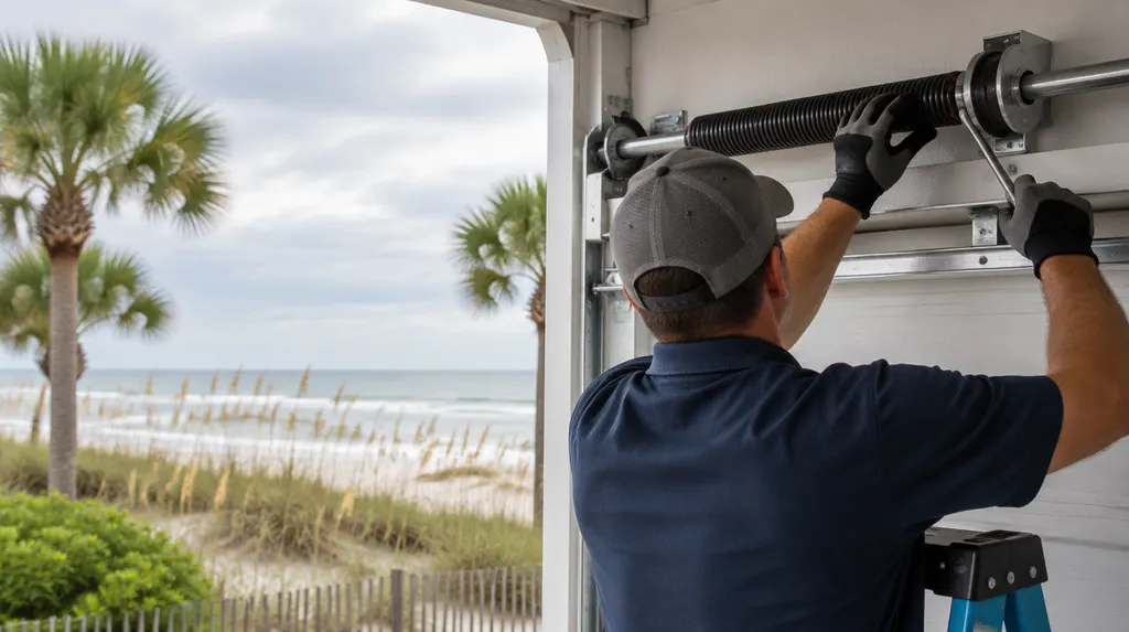 A technician replacing a torsion spring above a garage door in Socastee, SC