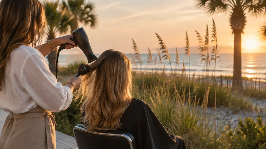 A stylist blow-drying a client’s hair in Socastee, SC