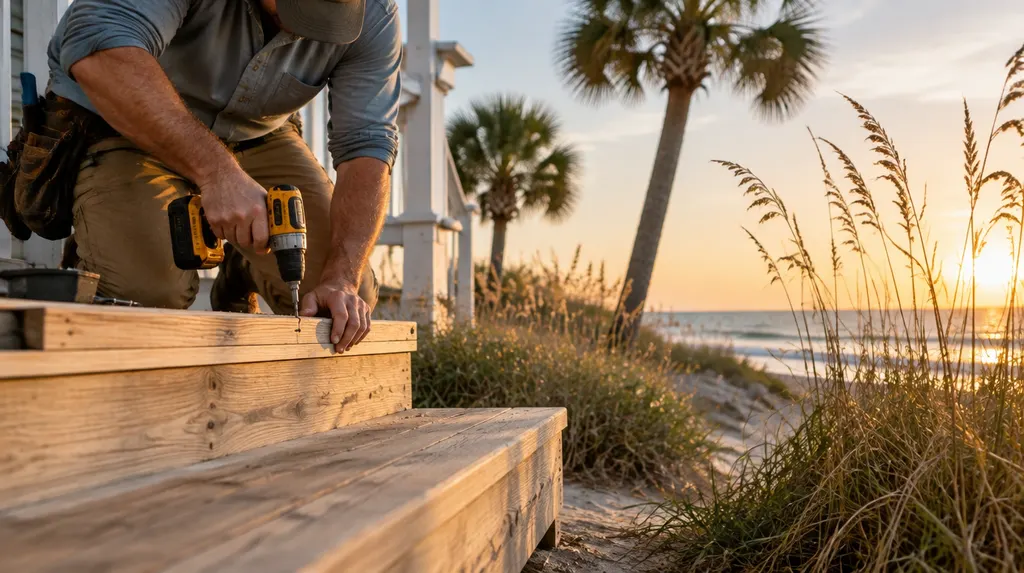 A handyman repairing a wooden porch step in Socastee, SC