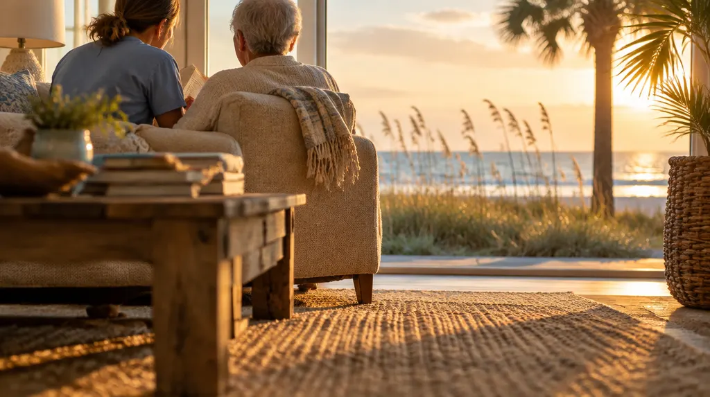 A warm living room with a caregiver and a senior reading together in Socastee, SC