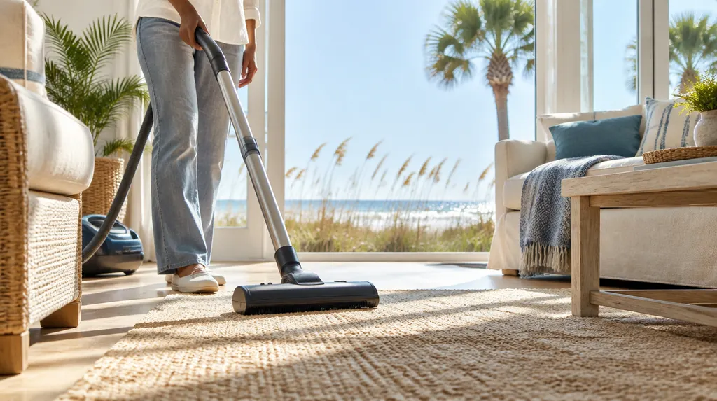 A cleaner vacuuming a sunny living room in Socastee, SC