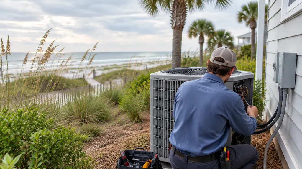 An HVAC technician servicing an outdoor condenser beside a house in Socastee, SC