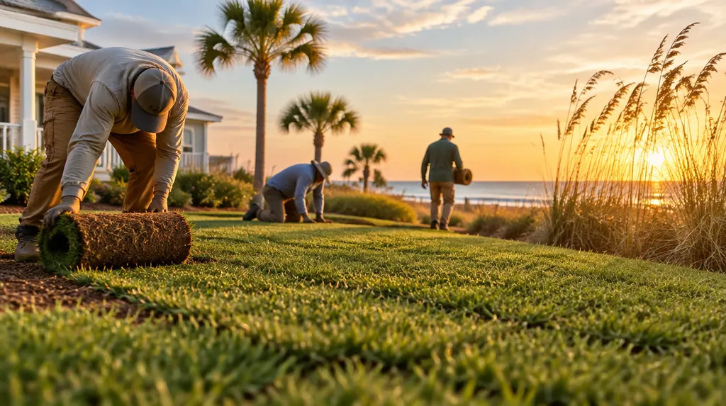 A crew laying fresh sod in a front yard in Socastee, SC