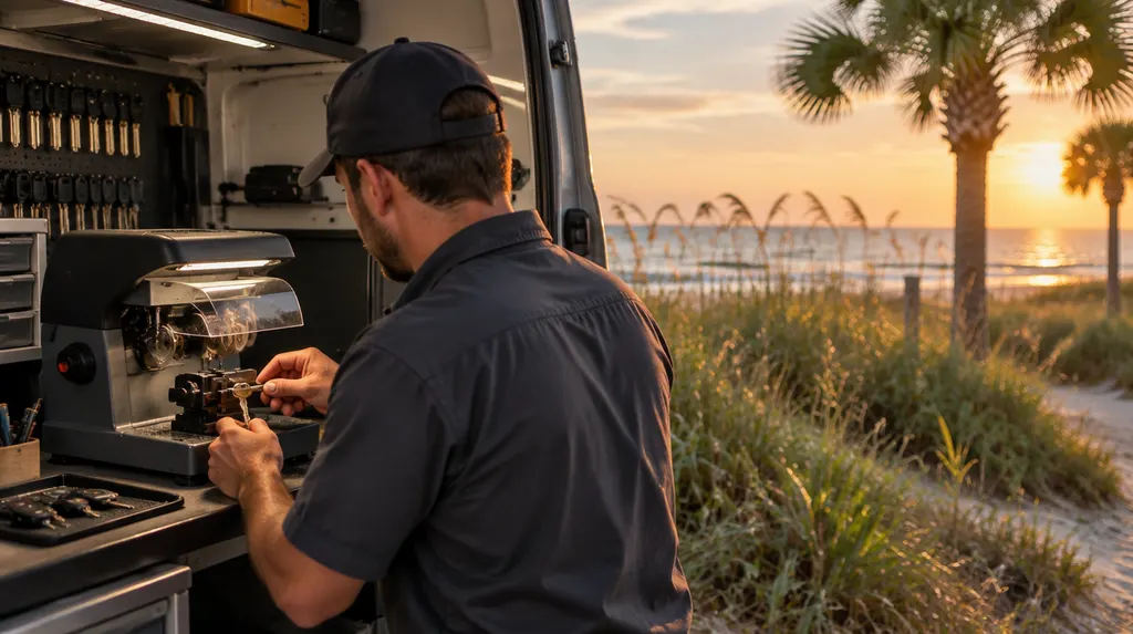 A locksmith cutting a new car key at a key machine in a work van in Socastee, SC