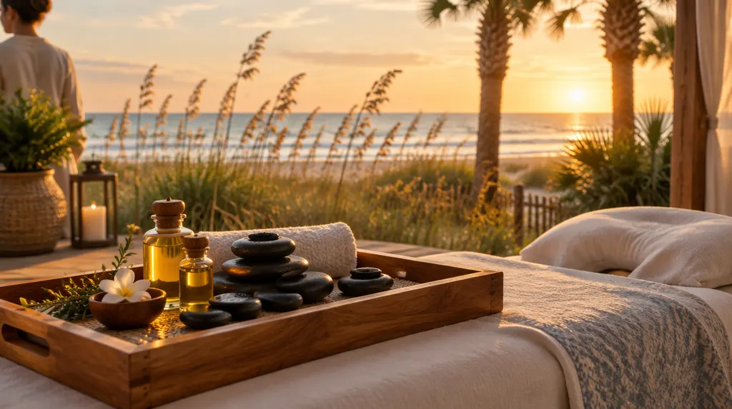 Warm stones and oils on a wooden tray in a spa in Socastee, SC