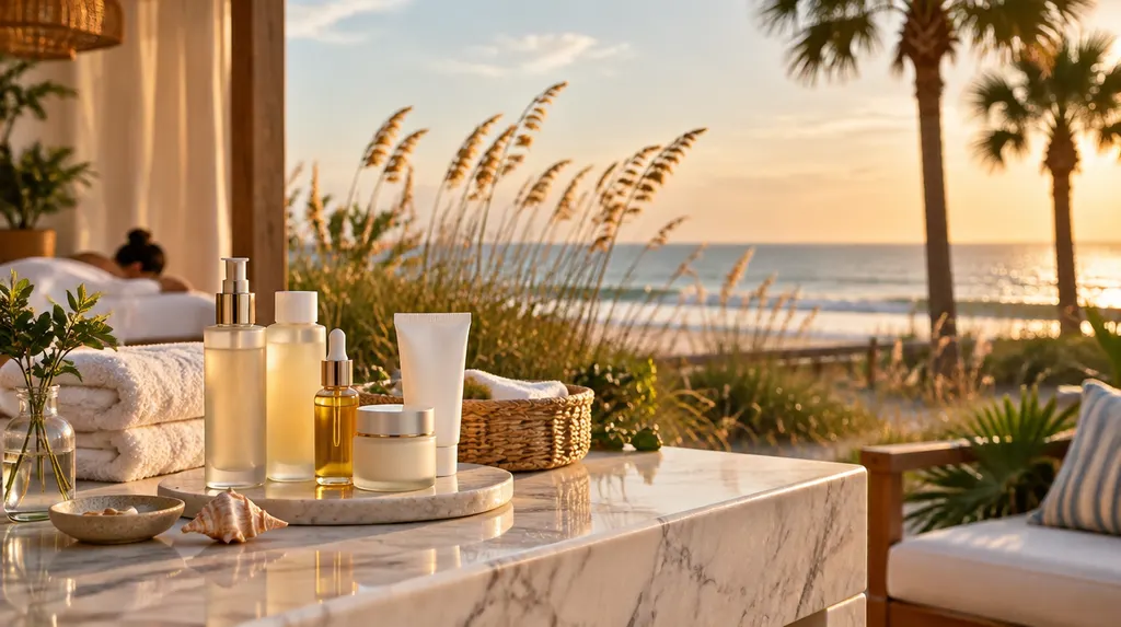 Skincare products on a marble counter in a spa in Socastee, SC