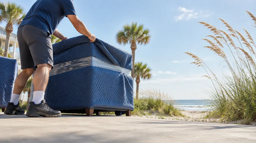 A mover wrapping furniture in moving blankets in Socastee, SC
