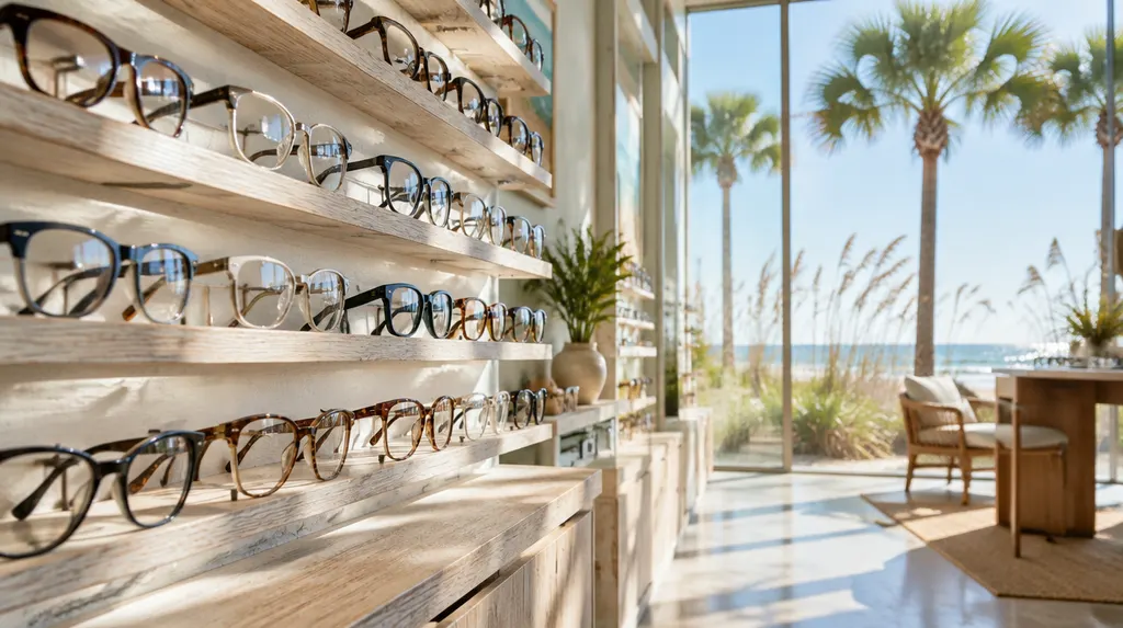 A wall of stylish eyeglass frames in an optical shop in Socastee, SC