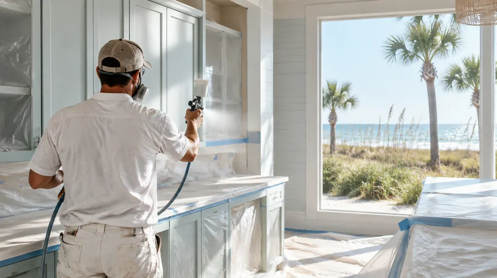 A painter spraying kitchen cabinets in a prepped room in Socastee, SC