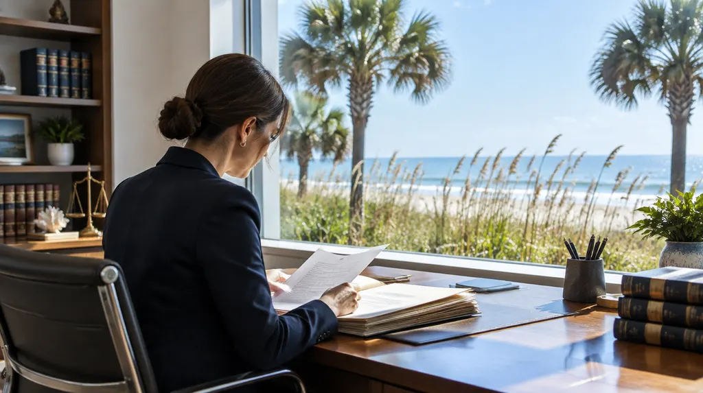 A lawyer reviewing a case file in a law office in Socastee, SC
