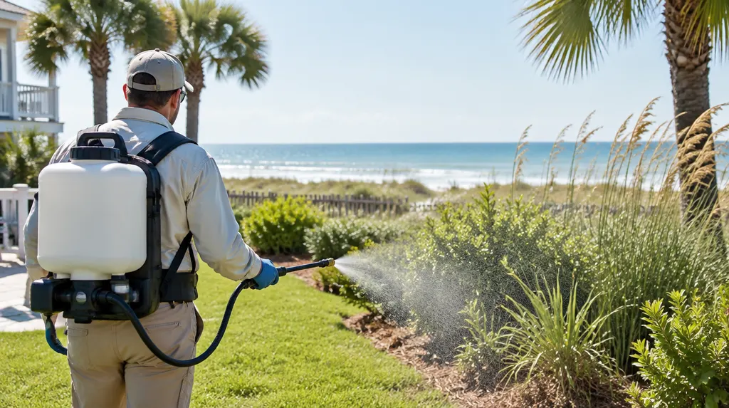 A technician treating a backyard for mosquitoes in Socastee, SC