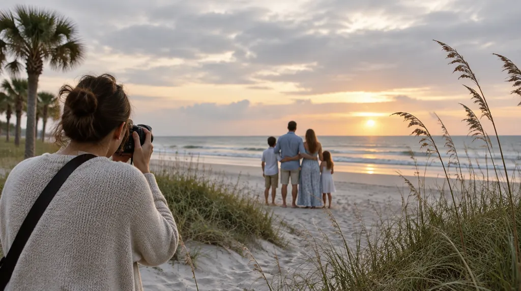 A photographer shooting a family on a beach at sunset in Socastee, SC