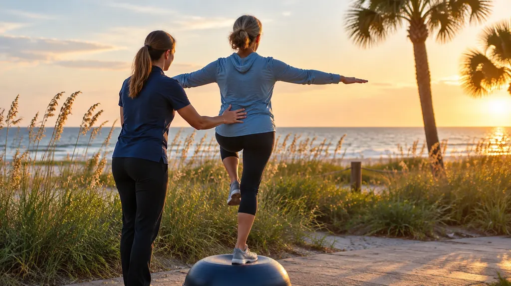 A therapist guiding a patient on a balance exercise in Socastee, SC