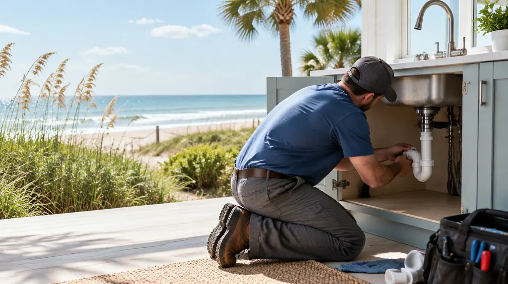 A plumber kneeling under a kitchen sink fitting a new pipe in Socastee, SC