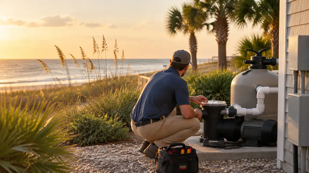 A technician checking pool equipment and a pump in Socastee, SC