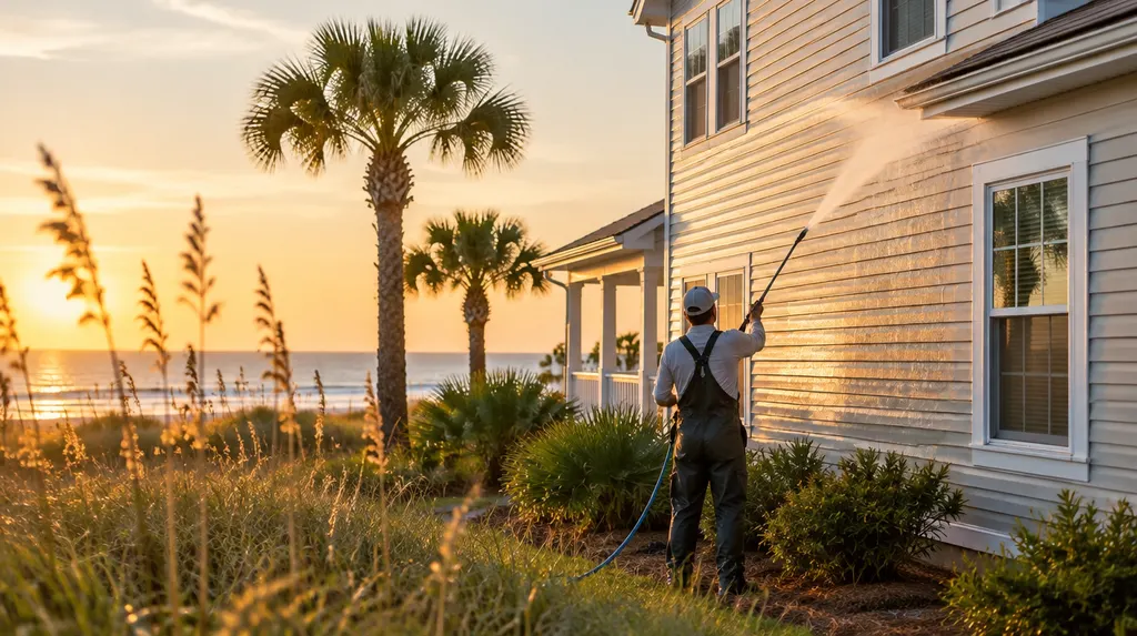 Soft washing the vinyl siding of a two-story house in Socastee, SC