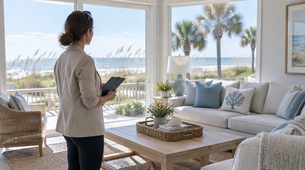 A property manager inspecting a rental living room in Socastee, SC