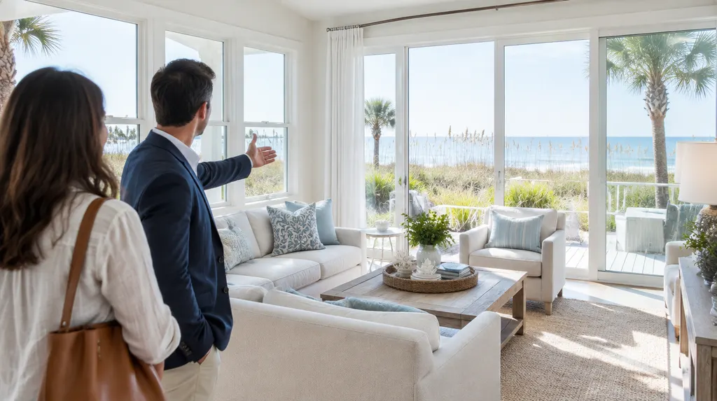 A real estate agent showing a bright living room in Socastee, SC