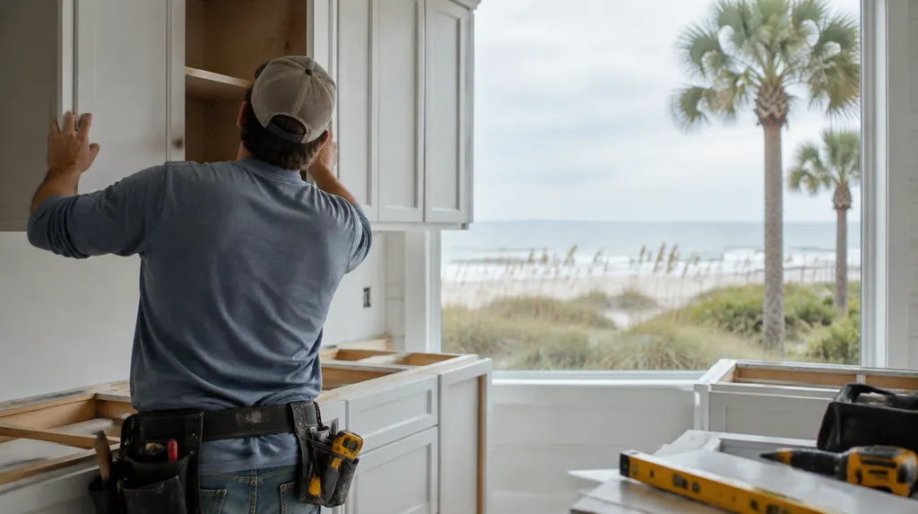 A remodeler installing new kitchen cabinets in Socastee, SC