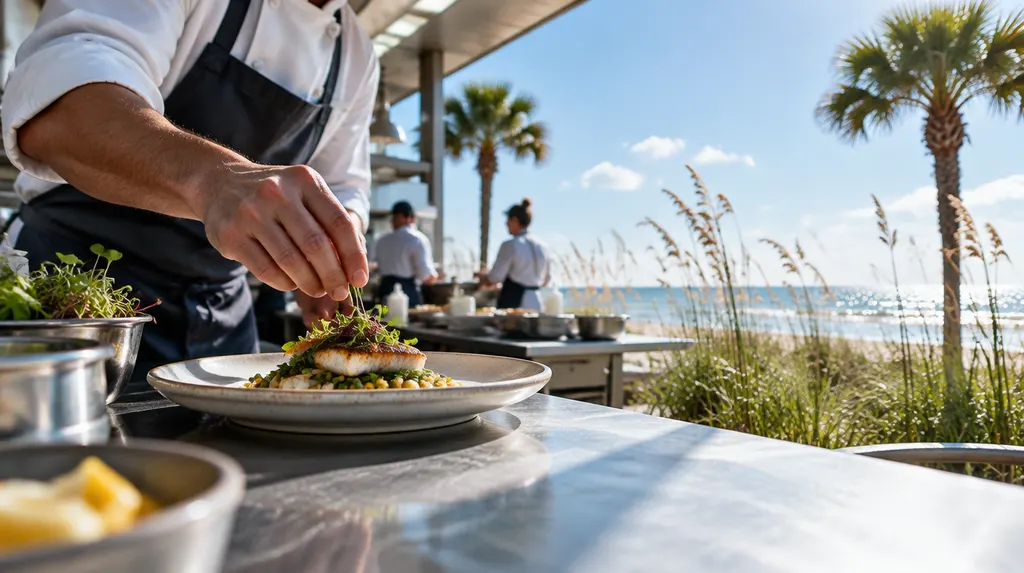 A chef plating a dish in a busy kitchen in Socastee, SC