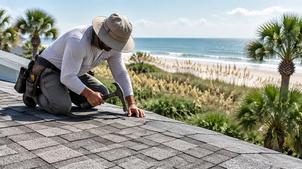 A roofer nailing architectural shingles on a sunny roof in Socastee, SC