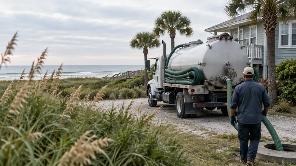 A septic pump truck parked beside a rural house in Socastee, SC