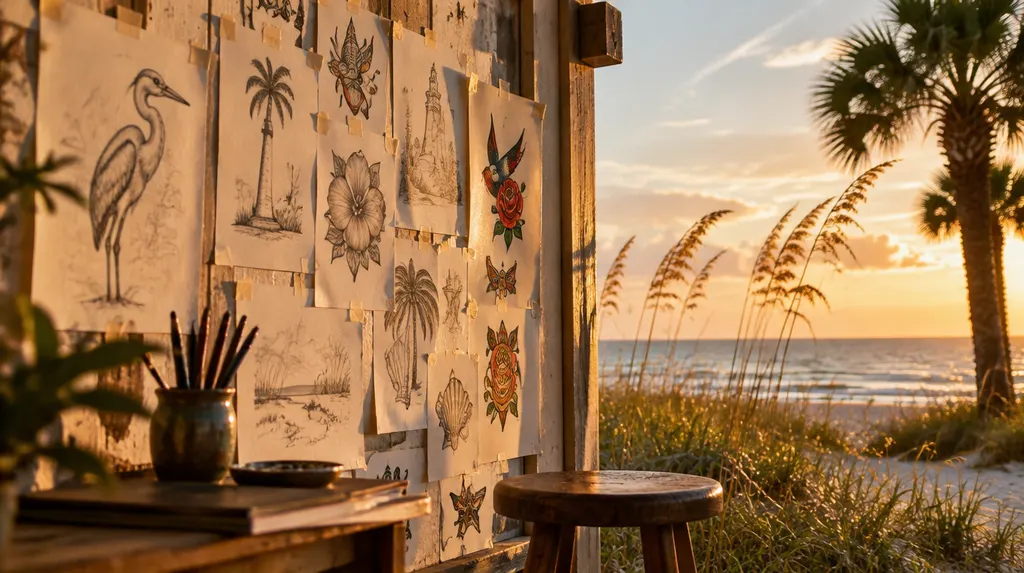 Sketches and flash art on a studio wall in Socastee, SC