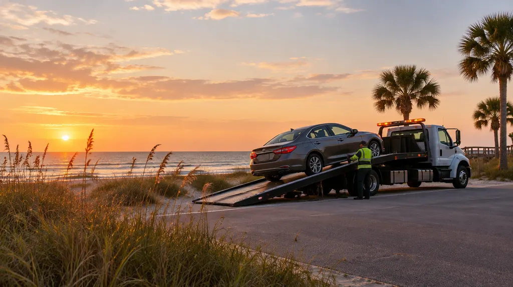 A flatbed tow truck loading a car at dusk in Socastee, SC