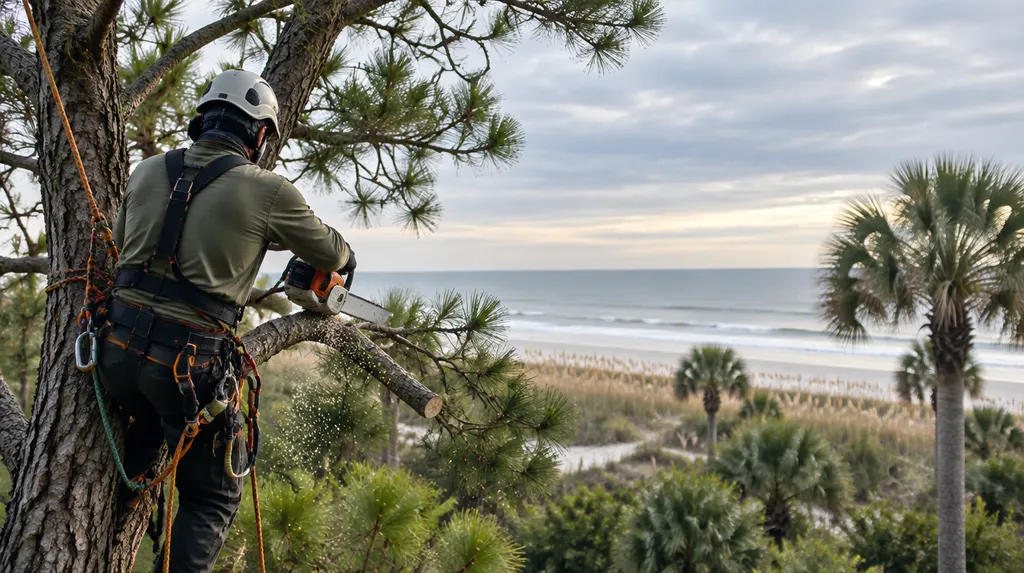 An arborist in a harness trimming a tall pine in Socastee, SC