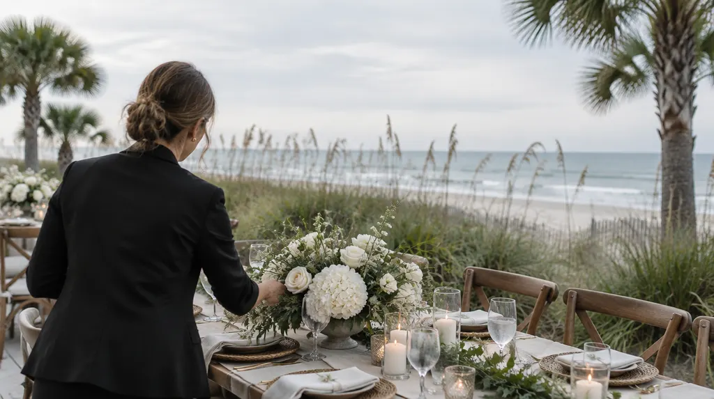 A wedding planner arranging a reception table in Socastee, SC