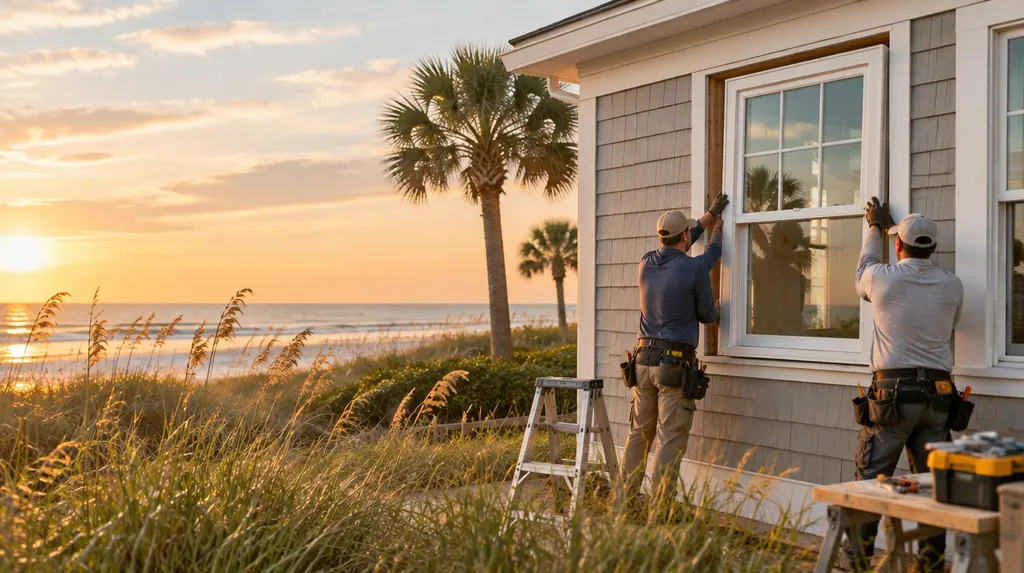 Installers fitting a new double-hung window in Socastee, SC