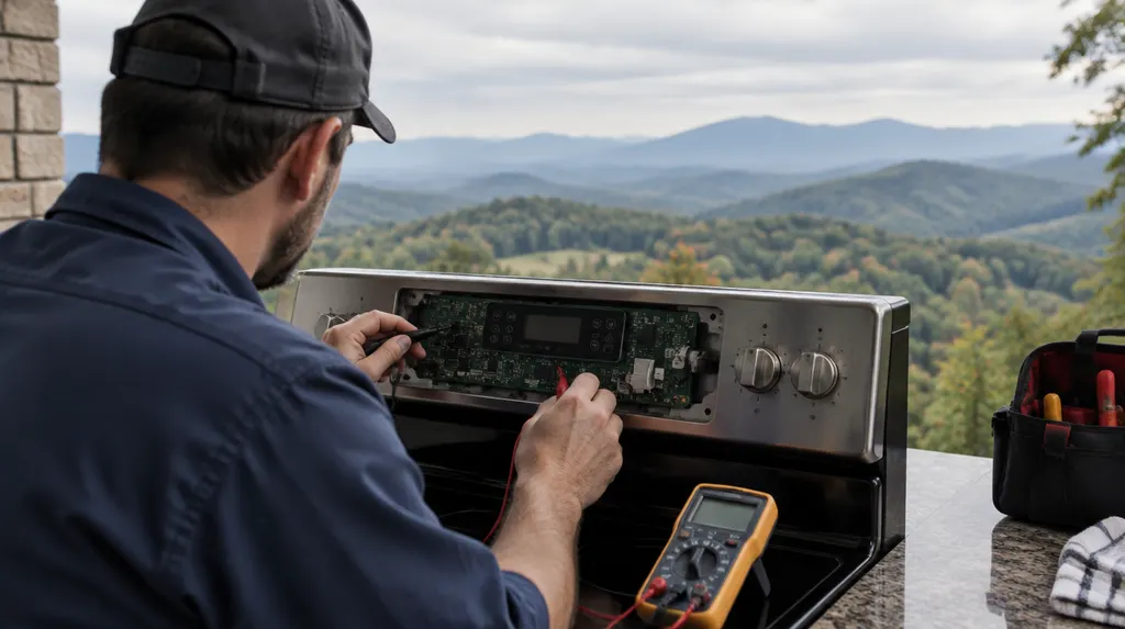 A repair tech testing an oven control panel in Spartanburg, SC