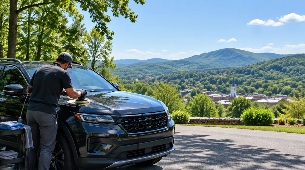 A detailer polishing the glossy hood of a dark SUV in Spartanburg, SC