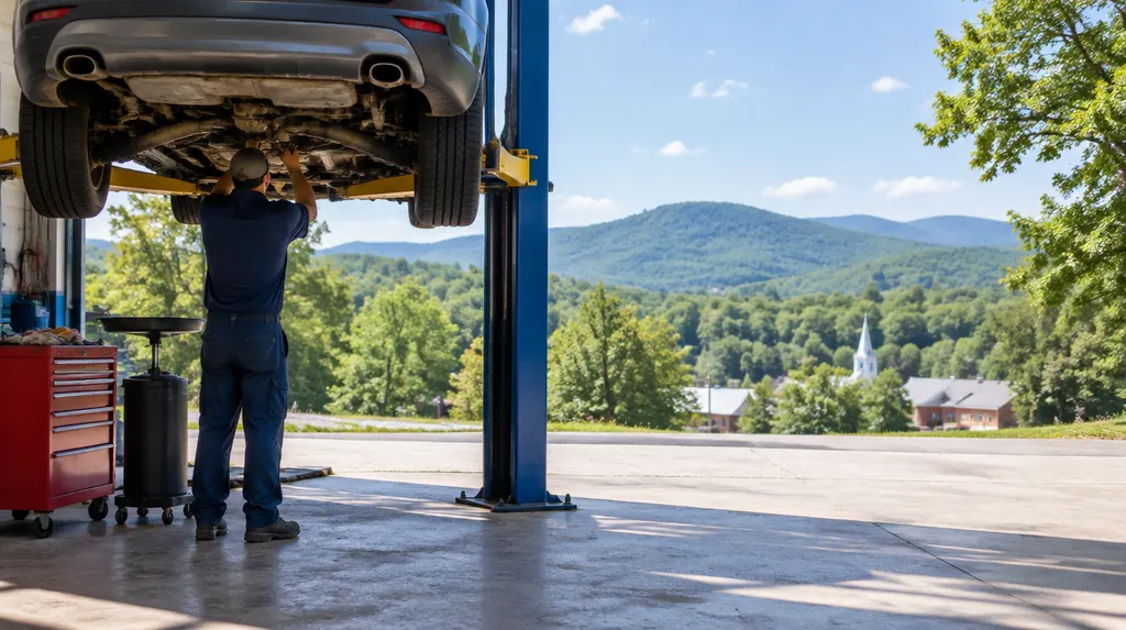 A mechanic working under a car on a lift in Spartanburg, SC