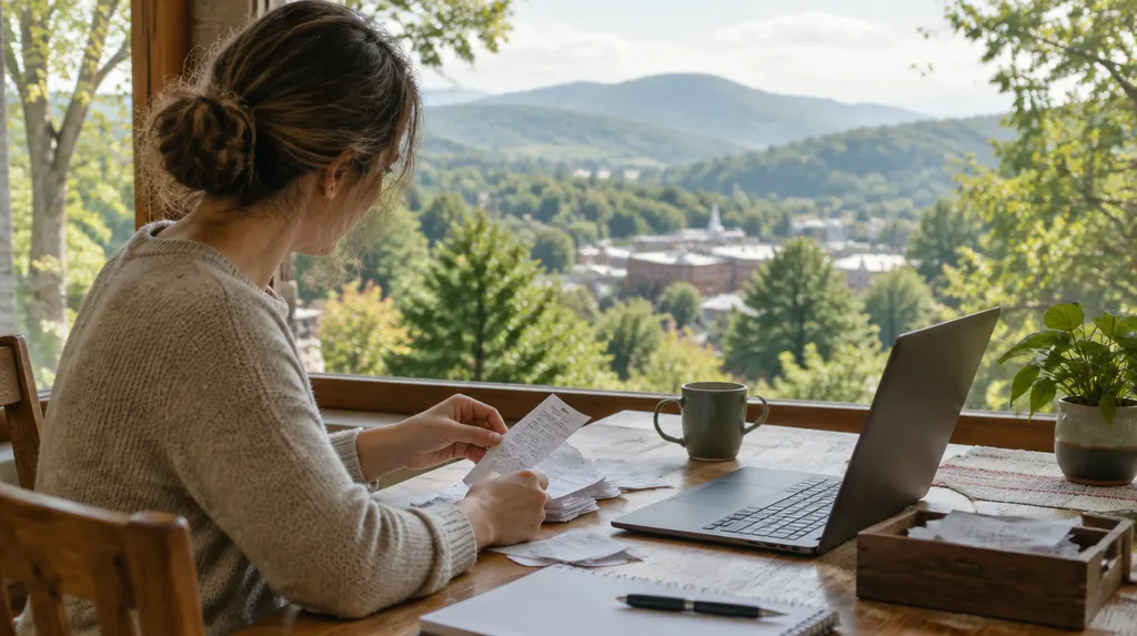 A bookkeeper organizing receipts and a laptop in Spartanburg, SC