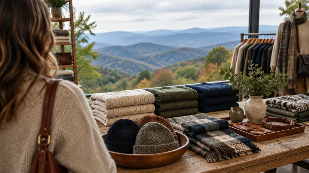 Folded sweaters and accessories on a boutique table in Spartanburg, SC
