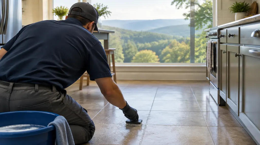 A technician cleaning tile grout on a kitchen floor in Spartanburg, SC