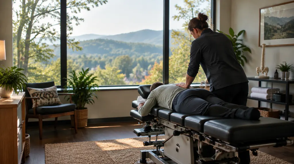 A chiropractic treatment room with an adjusting table in Spartanburg, SC