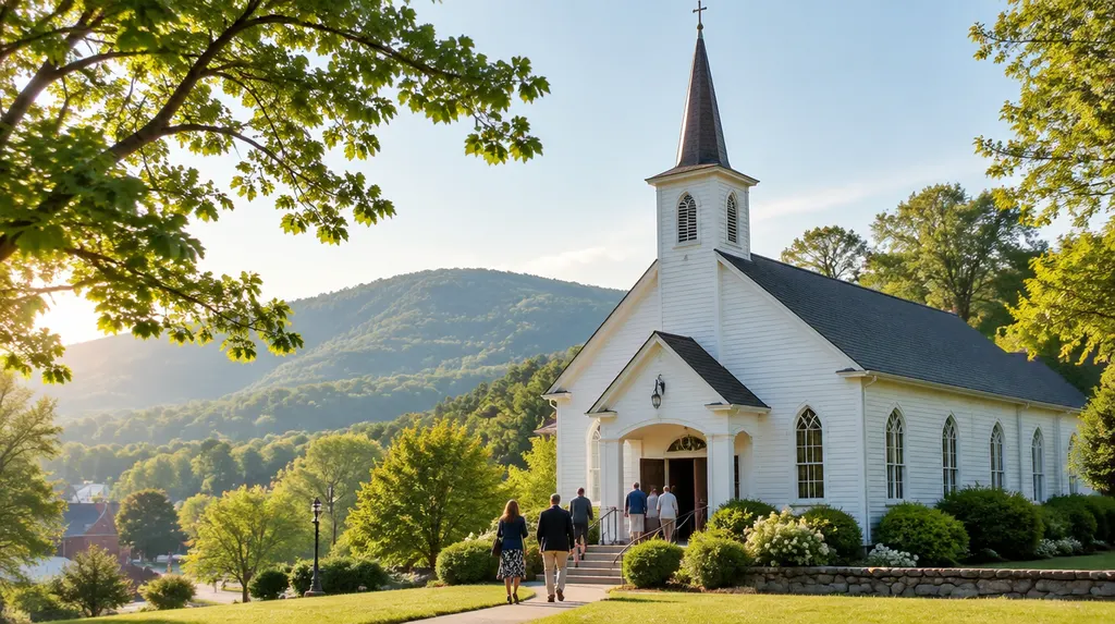 A welcoming white church on a sunny Sunday morning in Spartanburg, SC