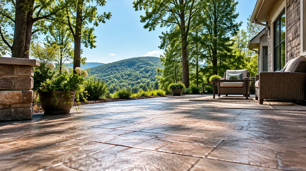 A finished stamped concrete patio beside a house in Spartanburg, SC