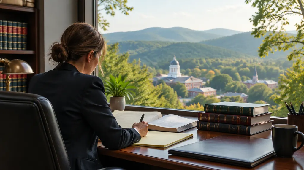 A defense attorney preparing at a desk with law books in Spartanburg, SC
