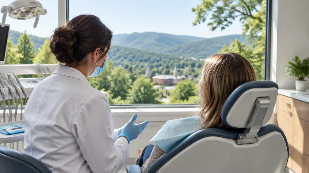 A dentist talking with a patient in a dental chair in Spartanburg, SC