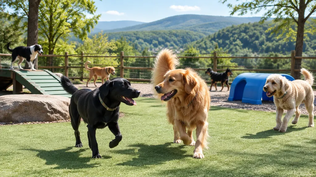 Dogs playing in a doggy daycare play area in Spartanburg, SC