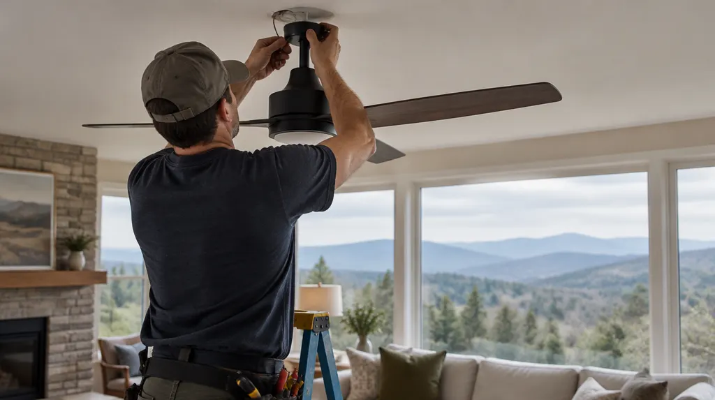 An electrician hanging a modern ceiling fan in a living room in Spartanburg, SC